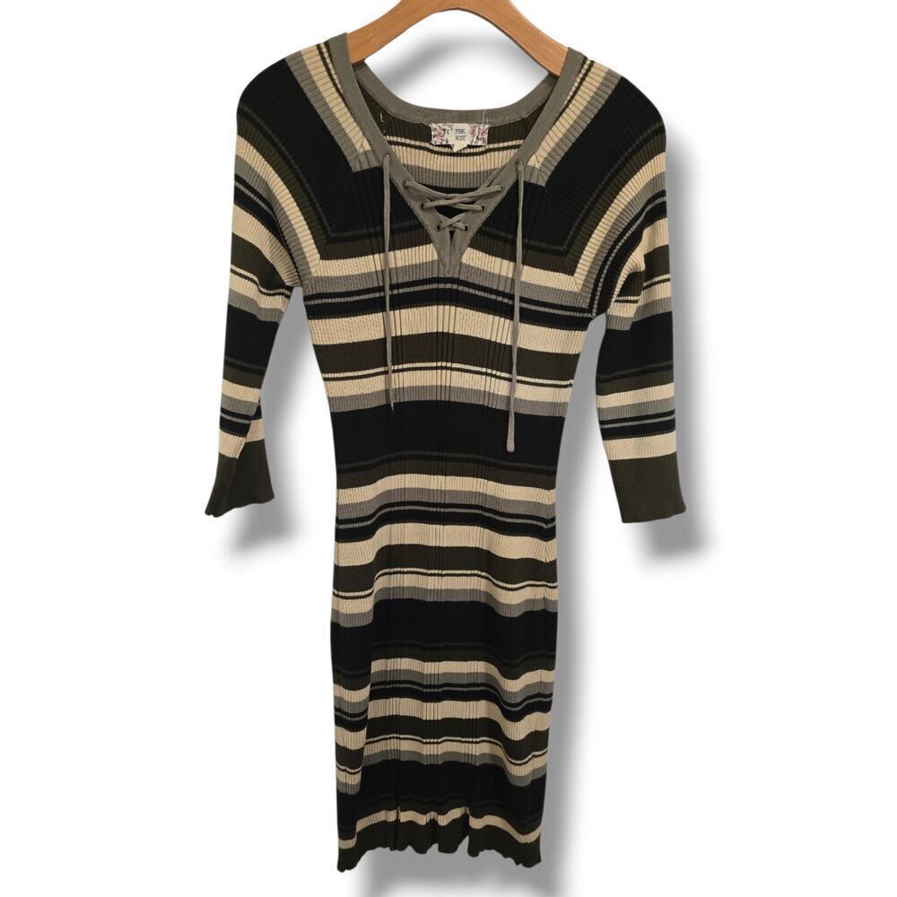 Pink Rose Earthy Multi-Stripe Lace-Up Ribbed Sweater Dress – Large